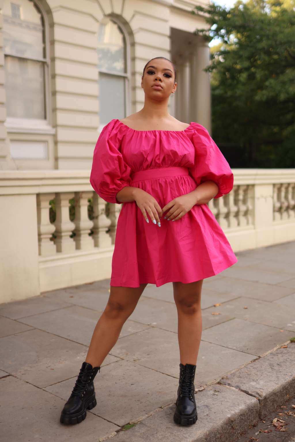 Pink Poplin Dress Puff-sleeved