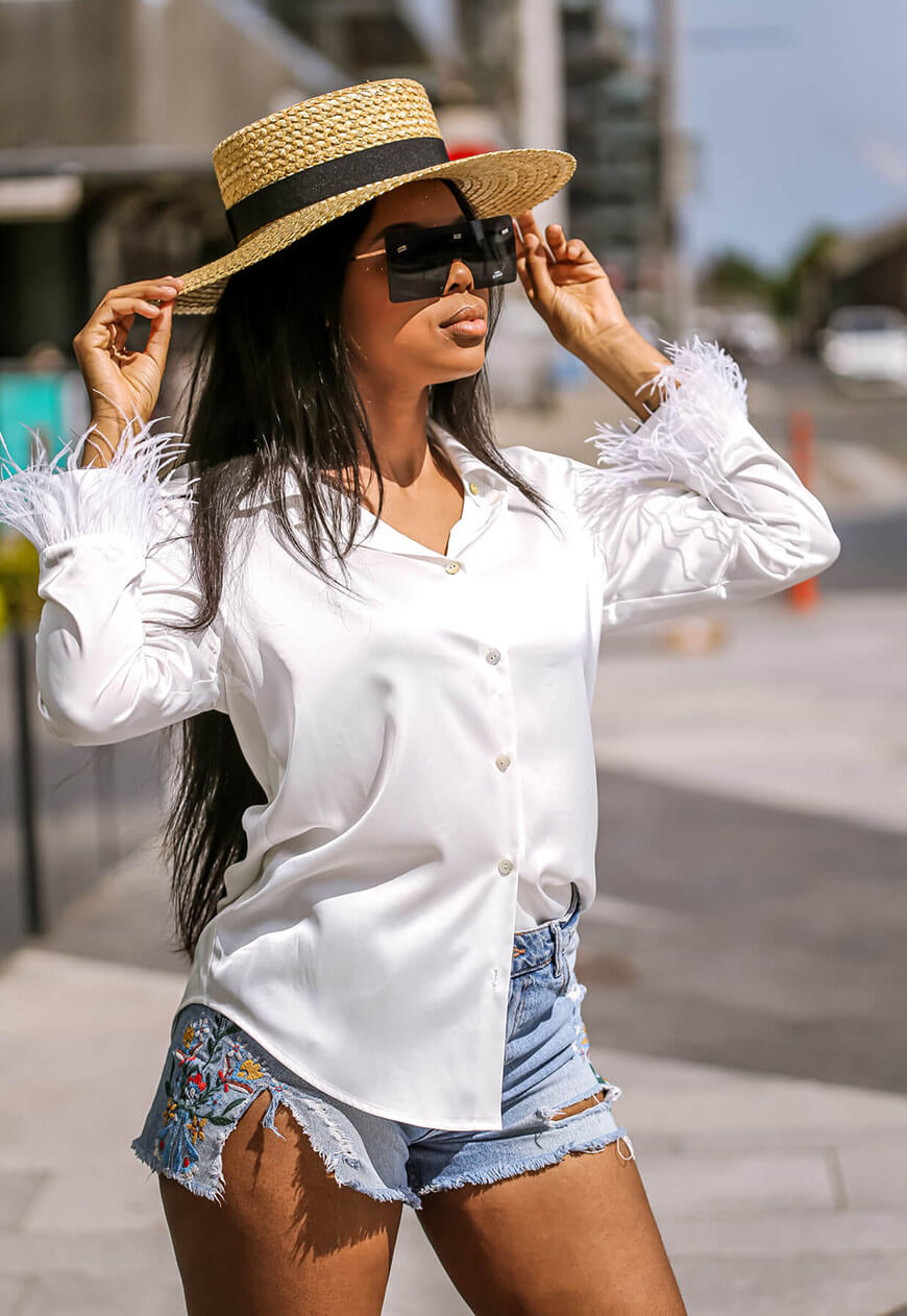 Feather Trim White Blouse main - SETSOFRAN