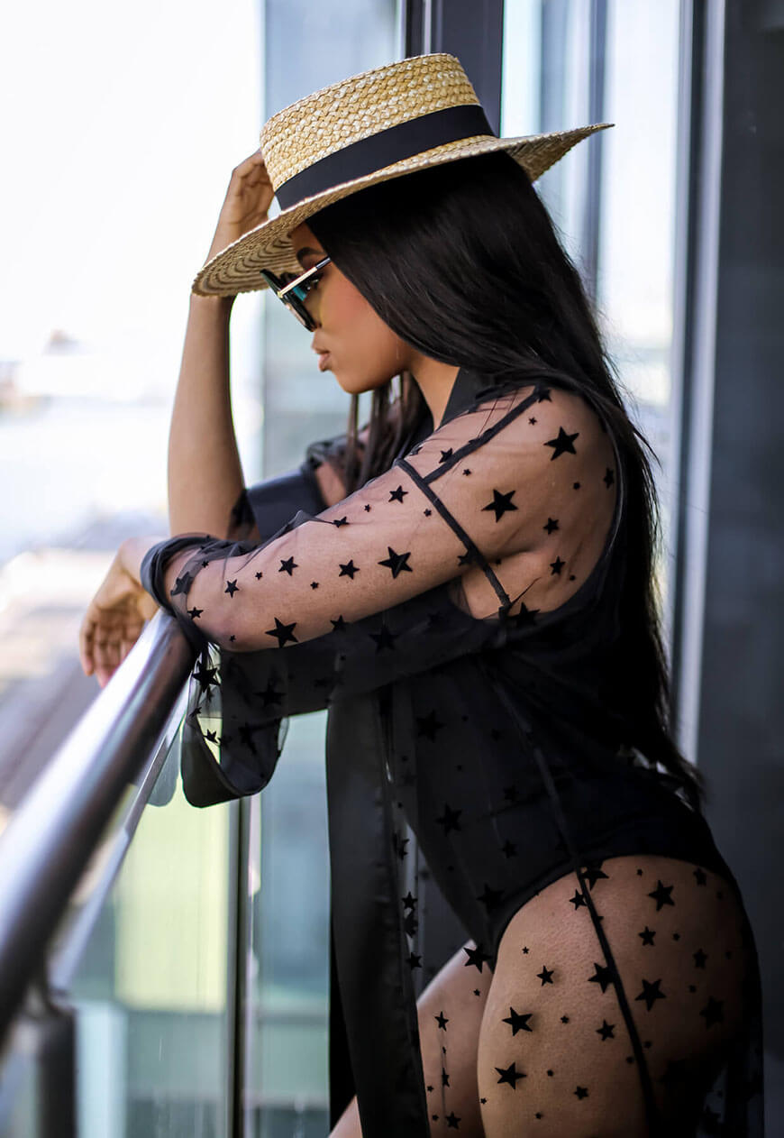 Black Sheer Star Kimono close up- SETSOFRAN