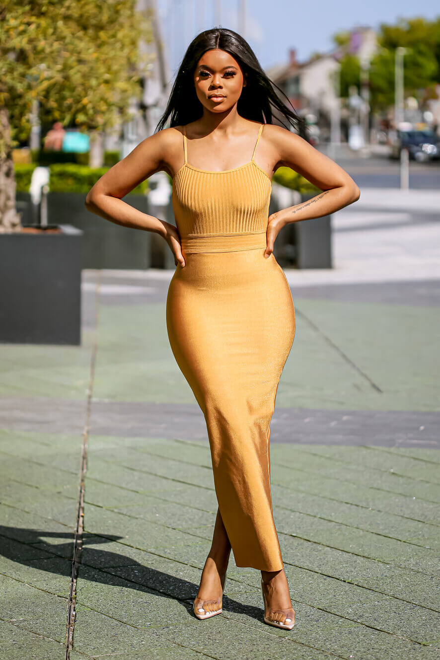 Mustard Ribbed Strappy Maxi Bandage Dress main - SETSOFRAN