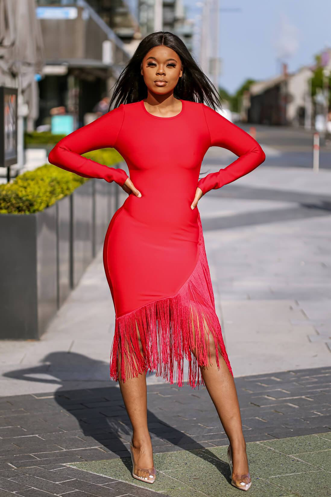 Red Fringe Bandage Dress Satin Midi Dress With Fringe Trim Red