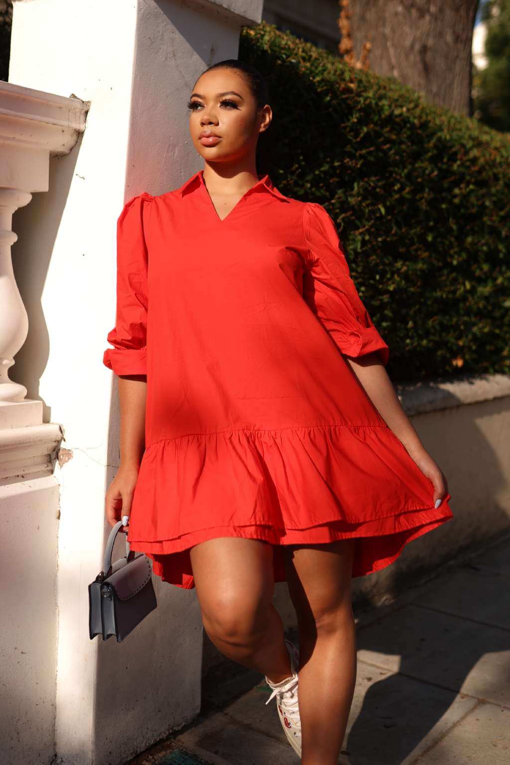 Red ruffle hem store dress